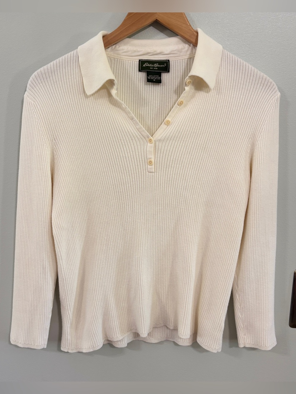 Eddie Bauer ribbed long sleeve polo sweater medium ivory